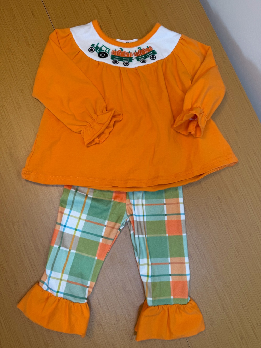 Smocked Pumpkin Tractor Top & Plaid Leggings Set